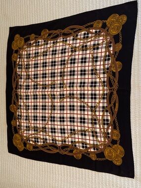 Vintage Aquascutum Silk Scarf Belt Buckle Chain Print Plaid Black Gold 34” X 34”